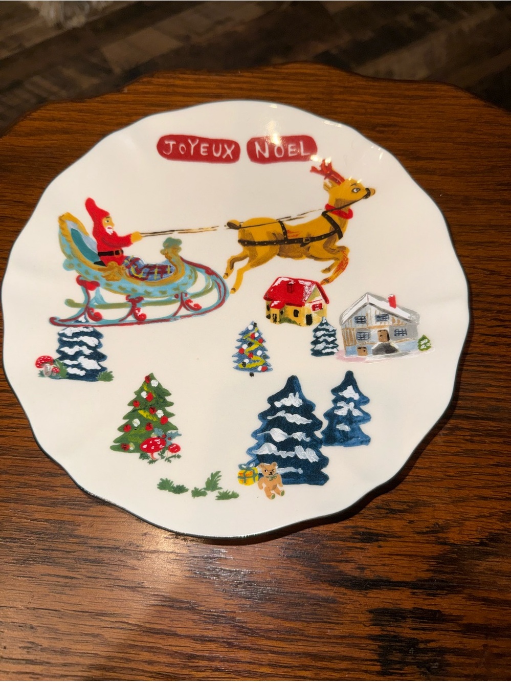 Anthropologie Holiday Plate White with Festive Red, Green, Blue and Gold Accents